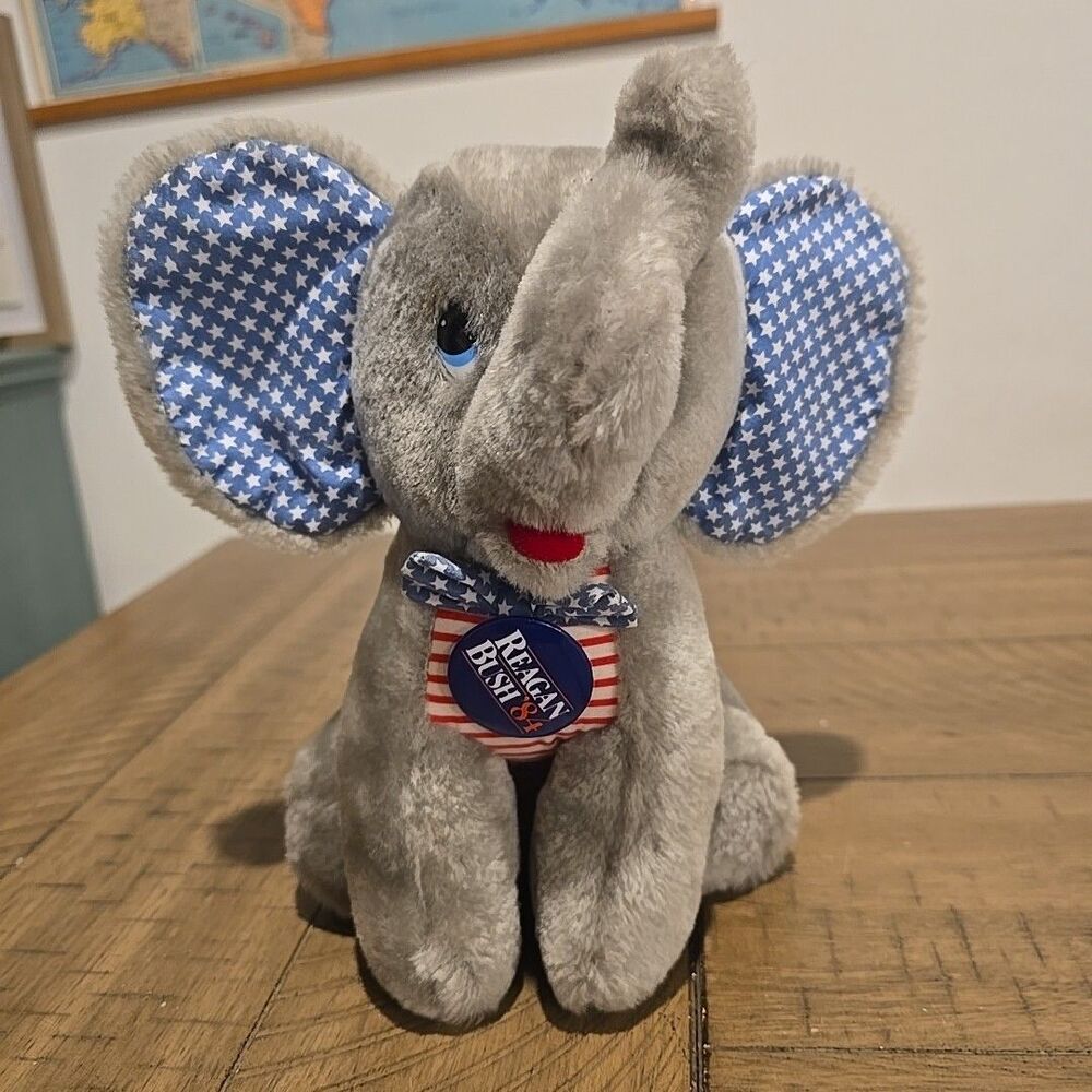 Elephant Baby Dakin Patriotic USA Plush Stuffed Animal W Regan Bush '84 Pin 1983